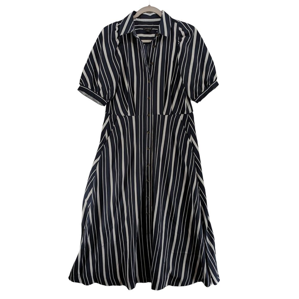Ann Taylor Striped Midi Shirt Dress 4 Navy White Button‎ Front Collared Pockets